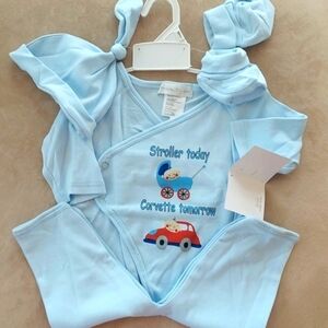 Rumble Tumble 3 pc set - bodysuit cap mittens - blue stroller corvette - 3-6 mos